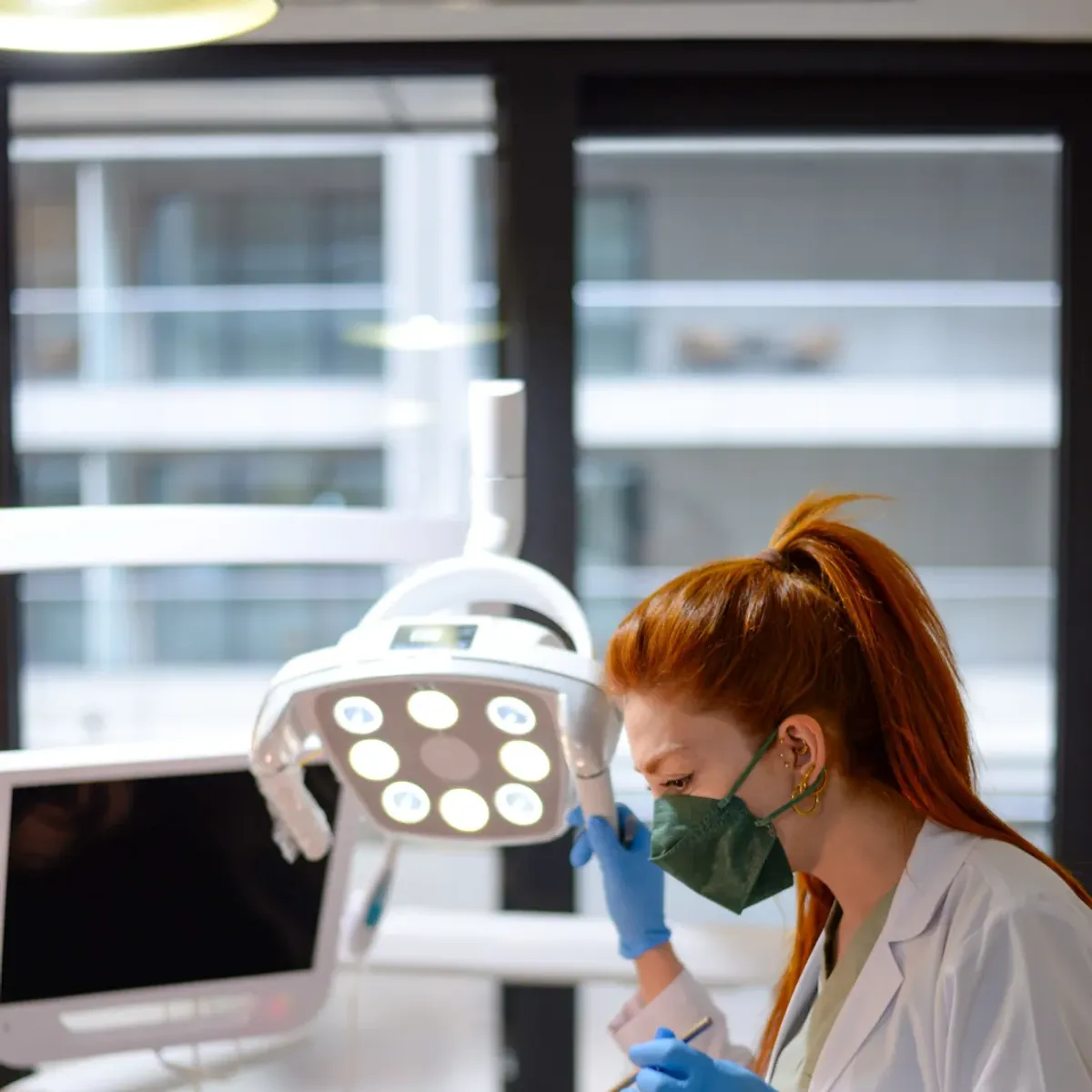 A dental hygienist adjusting the overhead exam light before a cleaning