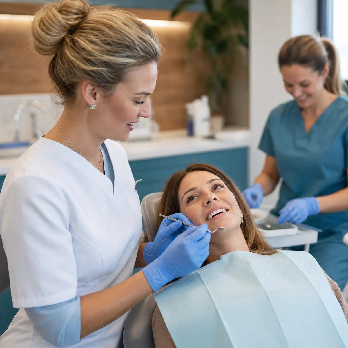 A hygienist reviewing results with a smiling patient