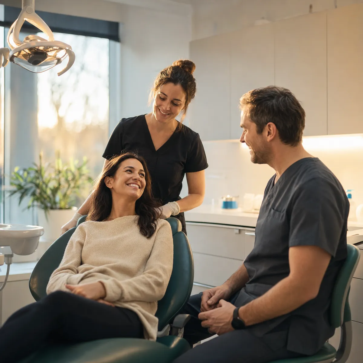 A patient chatting with the care team in a treatment room